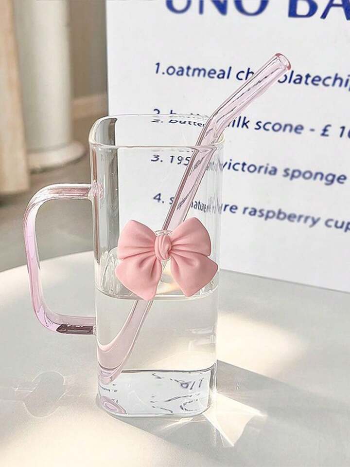 Square Glass Cup With Handle And Straws, Household Heat-Resistant Colorful Tumbler For Women, Pink