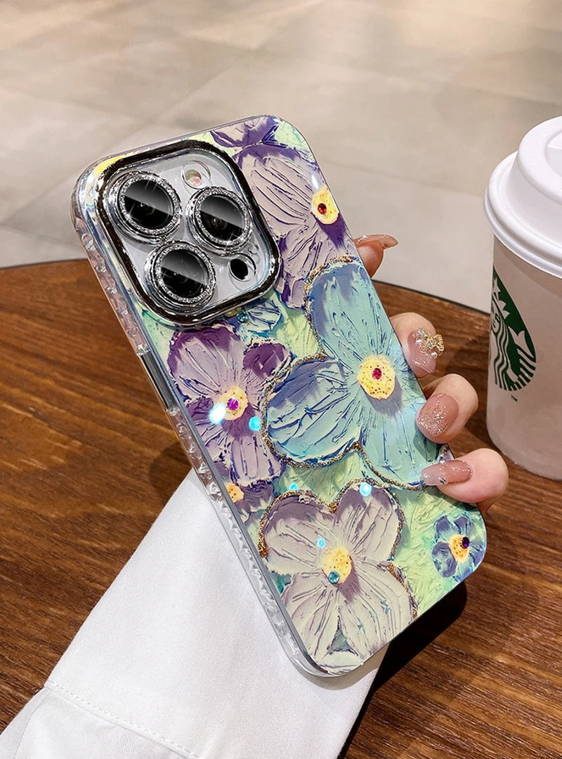 Blooms Floral Glitter iPhone Case Crystal Lens Protector For iPhone 15 Pro Max