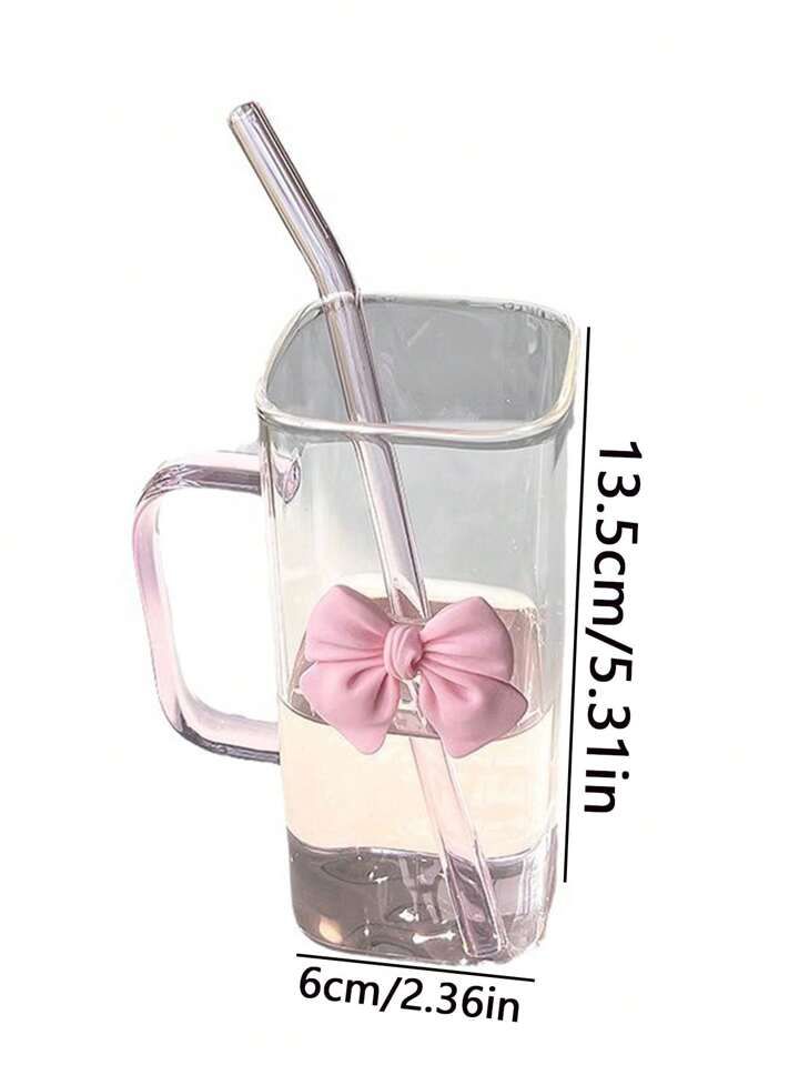Square Glass Cup With Handle And Straws, Household Heat-Resistant Colorful Tumbler For Women, Pink