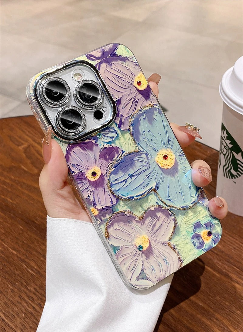 Blooms Floral Glitter iPhone Case Crystal Lens Protector For iPhone 15 Pro Max