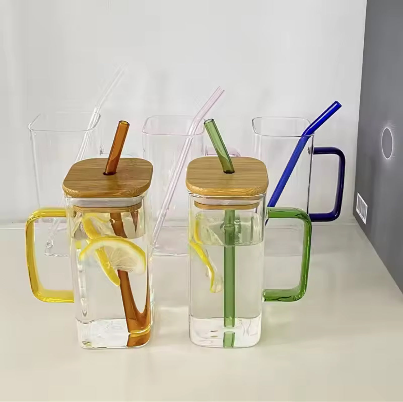 Square Glass Cup with Bamboo Lid, Clear Drinking Glasses, Colorful Glass Straw,, Juice, Bubble Tea Cup