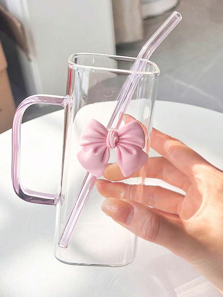 Square Glass Cup With Handle And Straws, Household Heat-Resistant Colorful Tumbler For Women, Pink