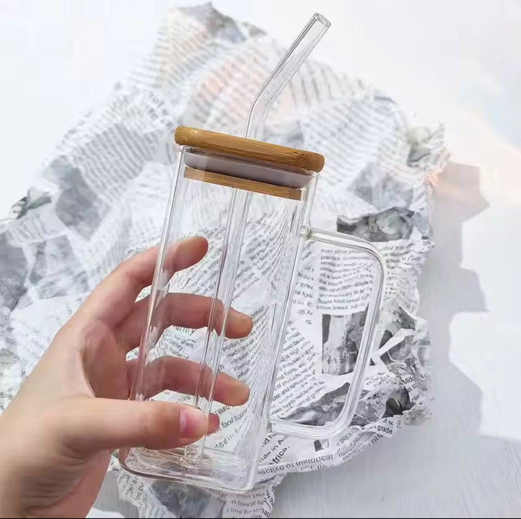 Square Glass Cup with Bamboo Lid, Clear Drinking Glasses, Colorful Glass Straw,, Juice, Bubble Tea Cup