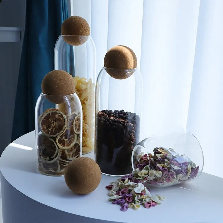 Glass Food Storage Jars with Ball Cork Lid, Bamboo Glass Containers