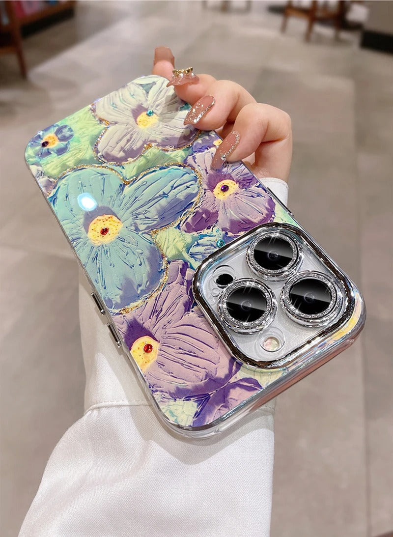 Blooms Floral Glitter iPhone Case Crystal Lens Protector For iPhone 15 Pro Max