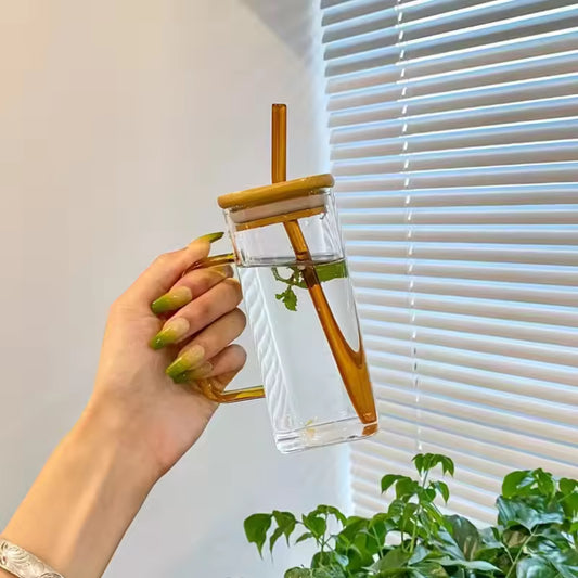Square Glass Cup with Bamboo Lid, Clear Drinking Glasses, Colorful Glass Straw,, Juice, Bubble Tea Cup