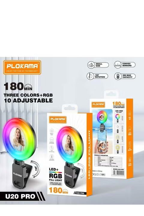 Plokama U20 PRO RGB 10 Colours Phone Clip With Mirror LED Selfie Ring Light