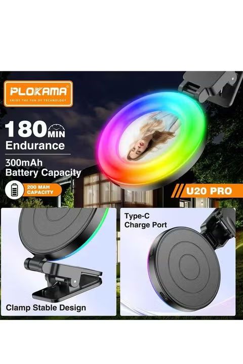 Plokama U20 PRO RGB 10 Colours Phone Clip With Mirror LED Selfie Ring Light